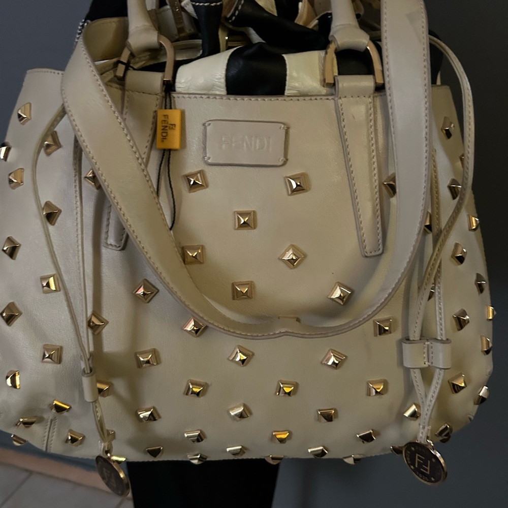 Cream Leather Studded Fendi B Fab Bag - Picture 3 of 9